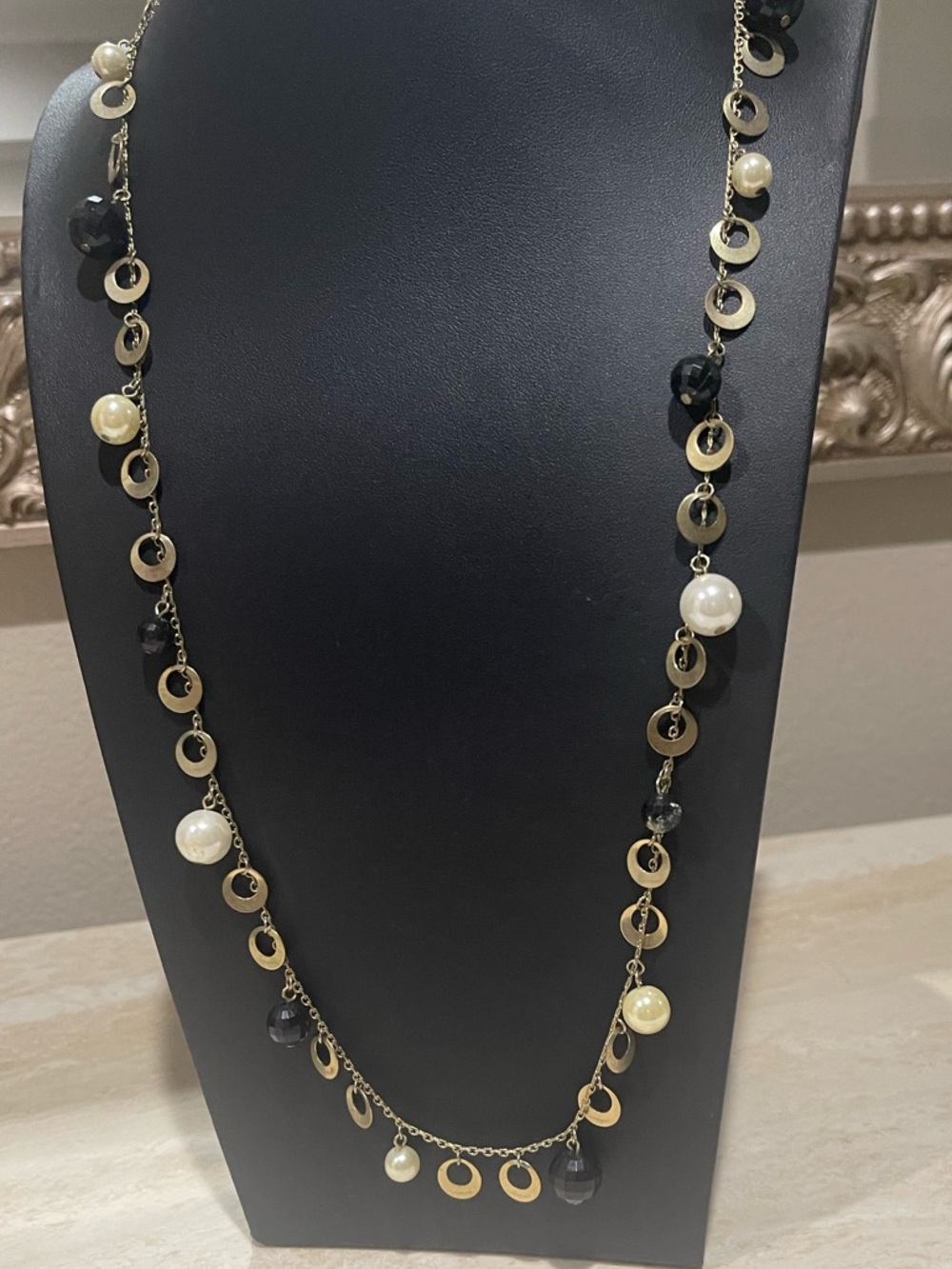 Elegant Pearl & Black Bead Gold-Link Long Necklace